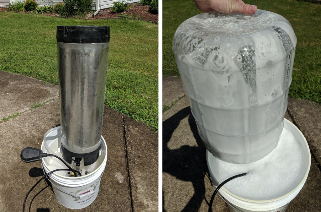 Image of the DIY keg and carboy washer in operation cleaning a keg and glass carboy.