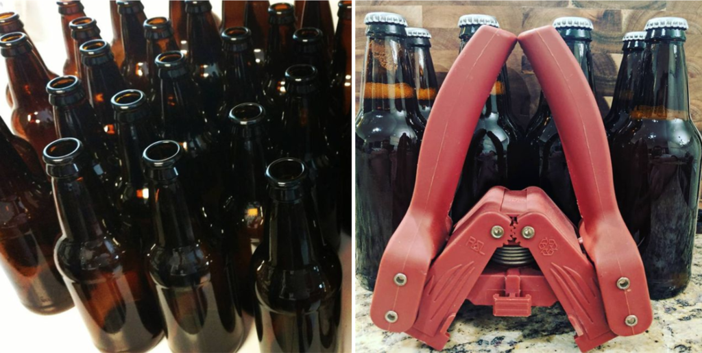 Images of bottles and a bottle capper to illustrate the differences between bottling vs kegging homebrew.