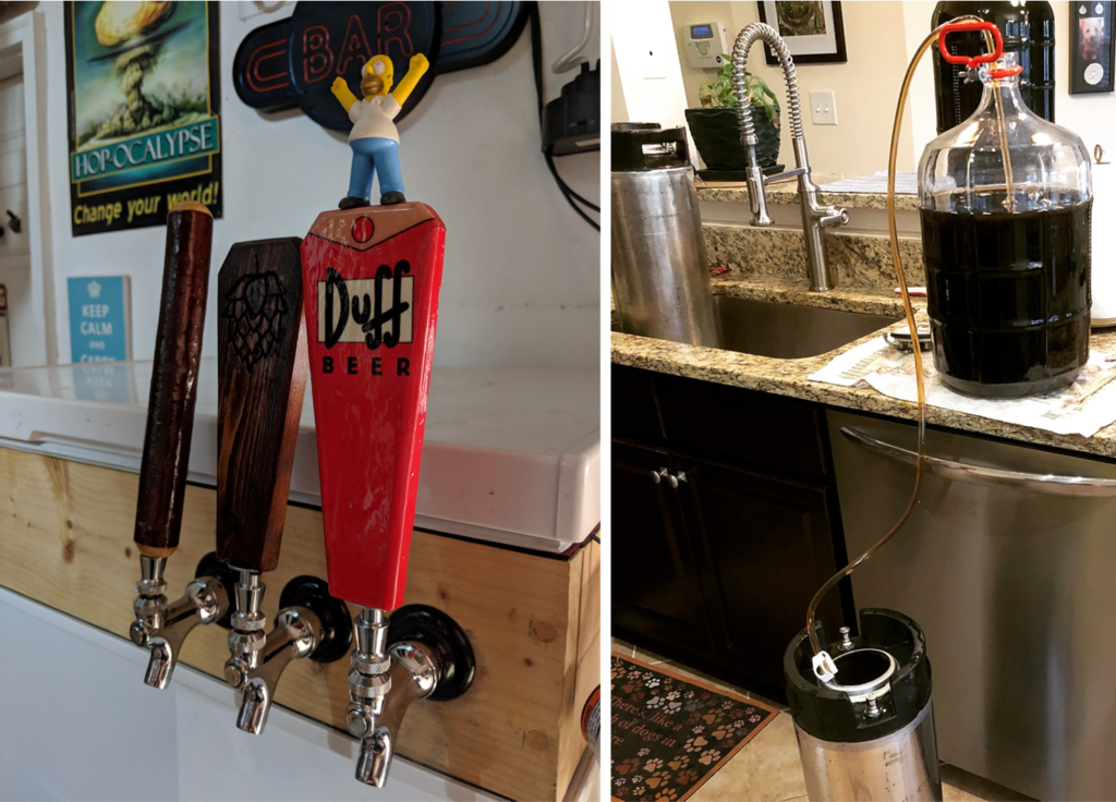 Images of a kegerator and beer being kegged to illustrate the differences between bottling vs kegging homebrew.