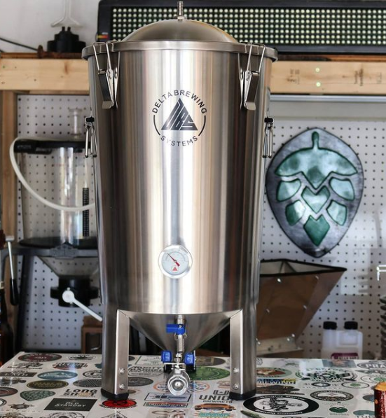 A stainless steel Delta Brewing Systems FermTank conical fermenter to illustrate the difference between glass vs plastic vs stainless steel homebrewing fermenters