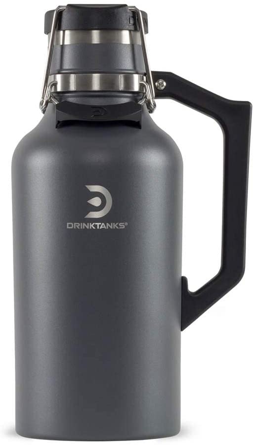 A DrinkTanks brand stainless steel growler that holds 64 ounces of beer