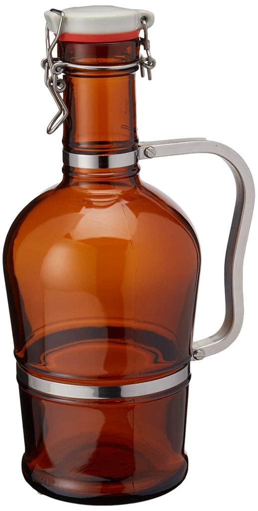 An amber glass growler that holds 64 ounces of beer