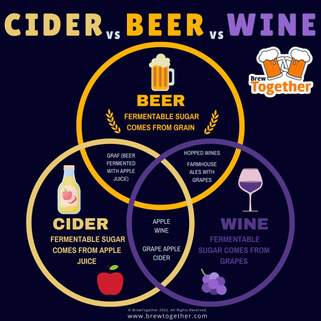 Infographic showing the differences and similarities between beer, cider, and grape wine. 
