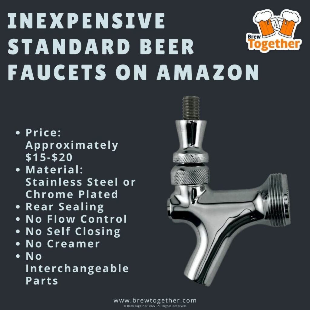 Inexpensive Standard Beer Faucets on Amazon Price: Approximately $15-$10 Material: Stainless Steel or Chrome Plated Rear Sealing No Flow Control No Self Closing No Creamer No Interchangeable Parts
