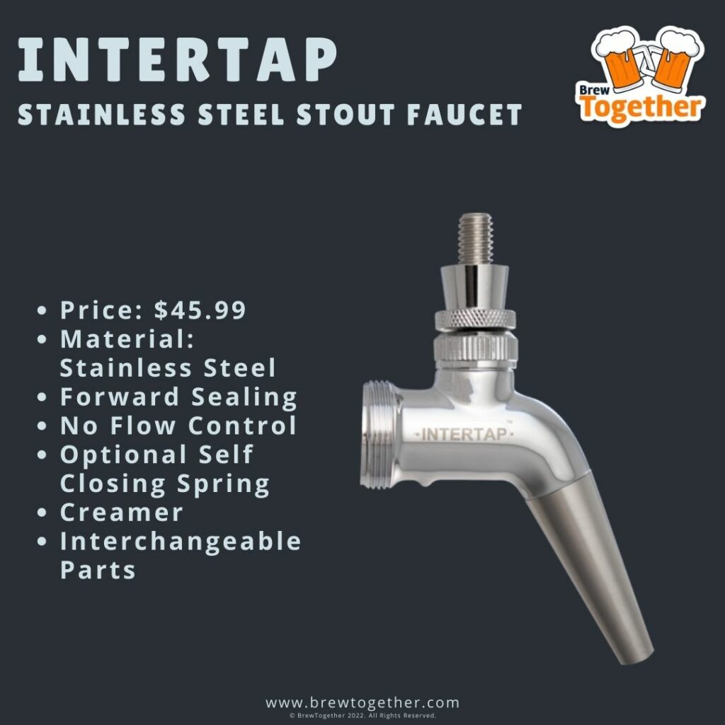 Intertap Stainless Steel Stout Faucet Price: $45.99 Material: Stainless Steel Forward Sealing No Flow Control Optional Self Closing Spring Creamer Interchangeable Parts
