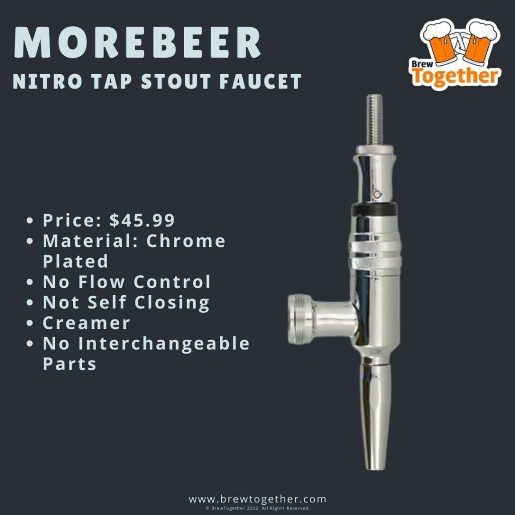 MoreBeer Nitro Tap Stout Faucet Price: $45.99 Material: Chrome Plated No Flow Control Not Self Closing Creamer No Interchangeable Parts