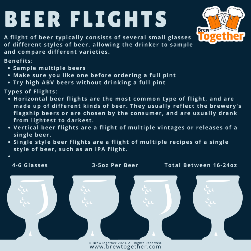 Benefits: 
Sample multiple beers
Make sure you like one before ordering a full pint
Try high ABV beers without drinking a full pint  Types of Flights: 
Horizontal beer flights are the most common type of flight, and are made up of different kinds of beer. They usually reflect the brewery's flagship beers or are chosen by the consumer, and are usually drank from lightest to darkest.
Vertical beer flights are a flight of multiple vintages or releases of a single beer.
Single style beer flights are a flight of multiple recipes of a single style of beer, such as an IPA flight.
